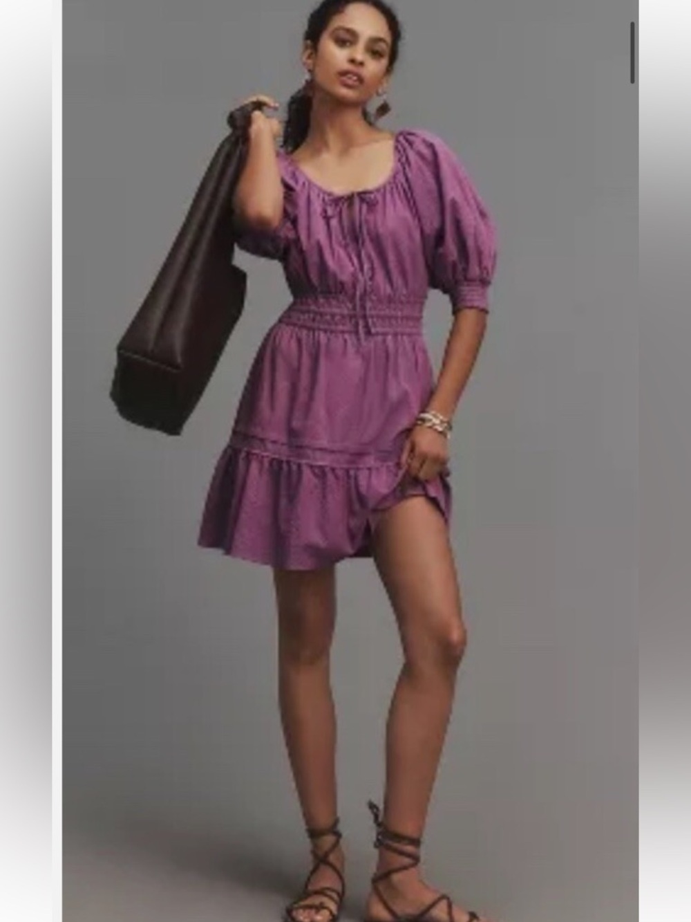 Anthropologie Somerset Puff Sleeve Boho Purple Cotton Mini Dress, 2X